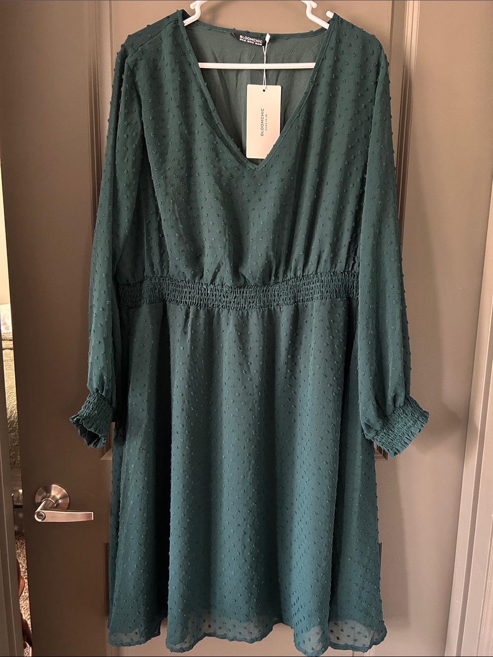 Bloomchic forest green V-Neck Long Sleeve Swiss Dot Dress